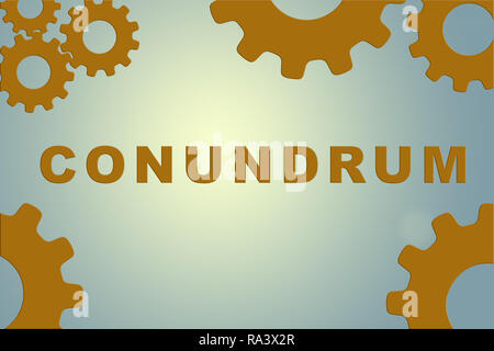 CONUNDRUM sign concept illustration with orange gear wheel figures on pale blue background Stock Photo