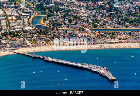 The aerial view of the city of Santa Cruz with its beach in Northern California on a sunny day. Stock Photo
