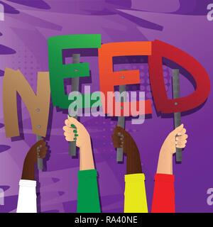 Diverse hands holding letters of the alphabet created the word Need. Vector illustration. Stock Vector