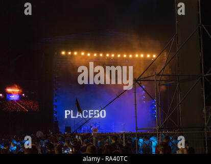 KIEV, UKRAINE - JULY 08, 2018: Placebo, a British alternative rock band performs live at the Atlas Weekend Festival in National Expocenter. Atlas Week Stock Photo