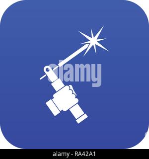 Mig welding torch in hand icon digital blue Stock Vector
