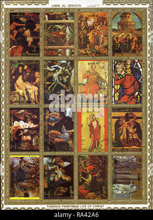 Mini sheet of postage stamp from Umm al-Qaiwain in the United Arab Emirates in the Life of Christ - Paintings series issued in 1972 Stock Photo