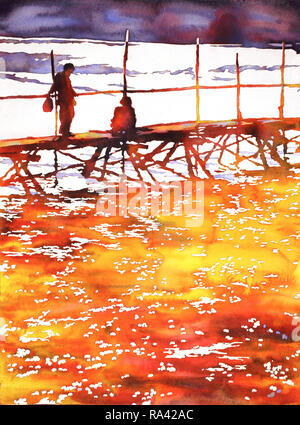 Men on wooden bridge over Mekong River near Luang Prabang, Laos.  Colorful watercolor painting. Stock Photo