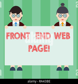 Handwriting text writing Front End Web Page. Concept meaning Converting data into graphical interface for users Male and Female in Uniform Standing Ho Stock Photo