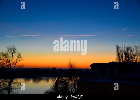 Sunrise on the banks of the Elbe near Magdeburg Stock Photo