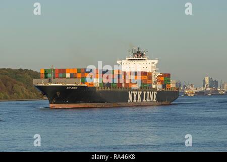 Container ship Nyk Line on Elbe river, Finkenwerder, Hamburg, Germany Stock Photo