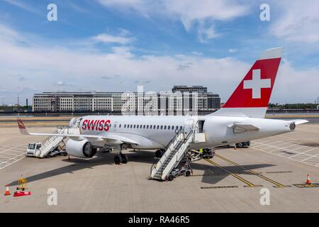 A Bombardier CS100 from Swiss airline Swiss is ready for departure at London City Airport, London, United Kingdom Stock Photo