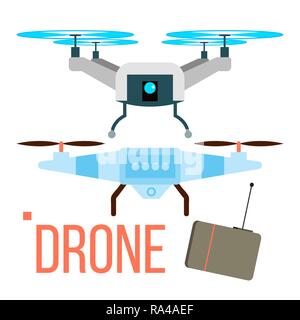 Drone Vector. Remote Aerial Quadcopter. Photo, Video, Delivery. Isolated Flat Cartoon Illustration Stock Vector