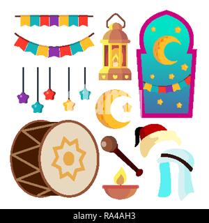 Ramadan Icons Vector. Muslim Islam Symbols. Moon, Star, Lamp. Isolated Flat Cartoon Illustration Stock Vector