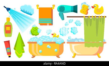 Take A Shower, Bath Icons Vector. Accessories Hairdryer, Shampoo, Towel, Foam. Isolated Flat Cartoon Illustration Stock Vector