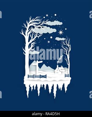 Realistic paper cut snow landscape. Seasonal winter isolated background. Stock Vector