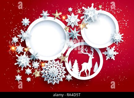 Abstract winter design with snowflakes and deers. Seasonal realistic paper cut red holiday card. Stock Vector