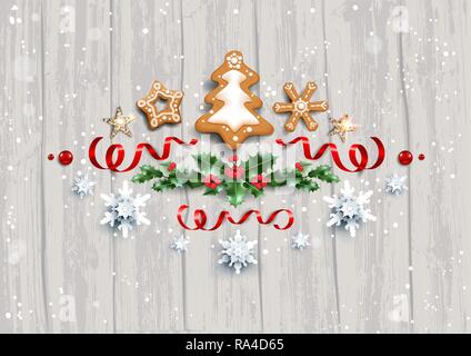 Holiday design with decorations, gingerbreads, stars, snowflakes on wood background. Christmas festive template. Stock Vector