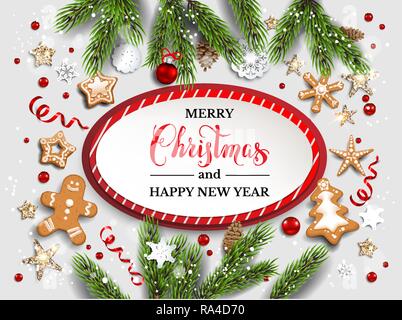 Christmas festive template with Christmas tree branches. Holiday illustration with baubles, gingerbreads, stars, snowflakes on wood background. Stock Vector