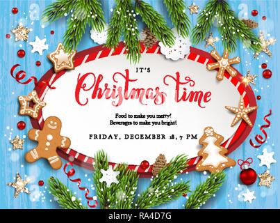 Holiday rustic illustration with baubles, gingerbreads, stars, snowflakes on wood background. Christmas festive template with Christmas tree branches. Stock Vector