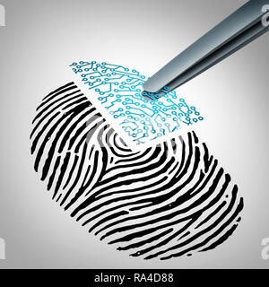 Artificial human augmentation as an intelligence AI Robot and human fingerprint as biology is merged and augmented with an electromechanical implant. Stock Photo