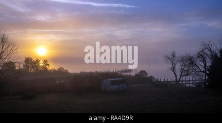 Early morning fog over Breton Bay, Leonardtown, Maryland, December 2018. Stock Photo