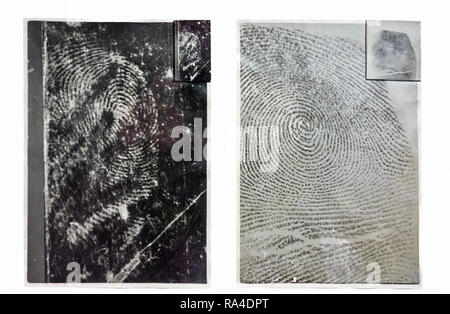 Fingerprint taken from murder weapon at crime scene compared to finger print of suspect recorded with ink on paper for comparison and identification Stock Photo