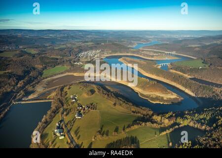 Aerial view, Biggesee, Biggetalsperre, reservoir at low water, water shortage, Olpe, Sauerland, North Rhine-Westphalia, Germany Stock Photo