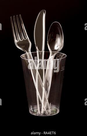 Plastic cutlery, disposable cutlery, knives, forks, spoons, plastic waste, transparent, transparent Stock Photo