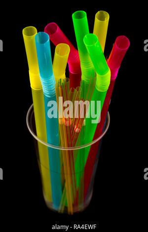 Plastic drinking straws, plastic waste, different colours and sizes Stock Photo