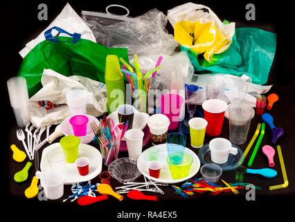 Disposable tableware, plastic cutlery, plastic tableware, plastic, plastic cups, plastic bags and other plastic waste Stock Photo