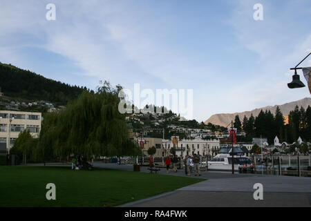 Queenstown, New Zealand - February 23, 2014: View of the city of Queenstown and adjacent territories. Landscapes of New Zealand. Stock Photo