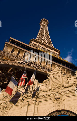 A replica iron Eiffel Tower stands above the Paris Las Vegas hotel and casino on the Strip, in Las Vegas, Nevada. Stock Photo