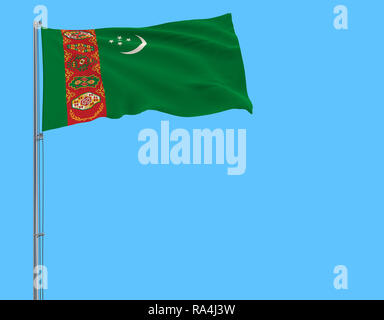 Flag of Turkmenistan on a flagpole fluttering in the wind on a blue background, 3d rendering Stock Photo