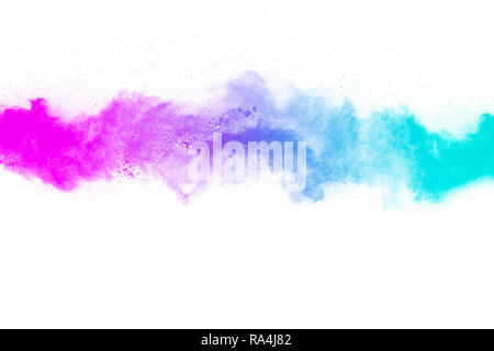 Multicolored powder explosion on white background. Colored cloud. Colorful dust explode. Paint Holi. Stock Photo