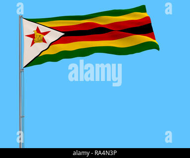 Flag of Zimbabwe on the flagpole fluttering in the wind on a pure blue background, 3d rendering Stock Photo