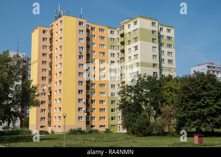 Petrzalka, Slovakia- The apartment building from the socialist era of Bratislava suburbs still being used and maintained to this day. Stock Photo