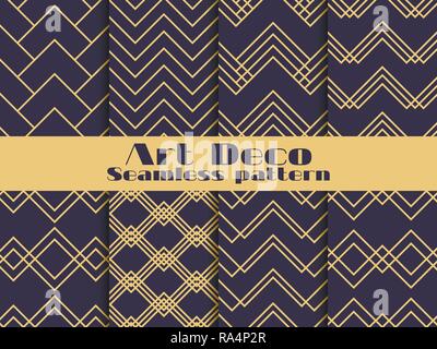 Art deco seamless pattern. Set retro backgrounds, gold and black color. Style 1920's, 1930's. Lines and geometric shapes. Vector illustration Stock Vector