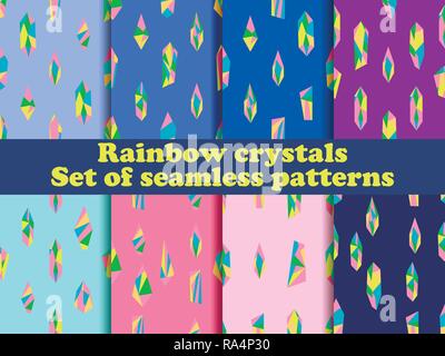 Rainbow crystals seamless pattern set. Background for promotional material and wrapping paper. Vector illustration Stock Vector
