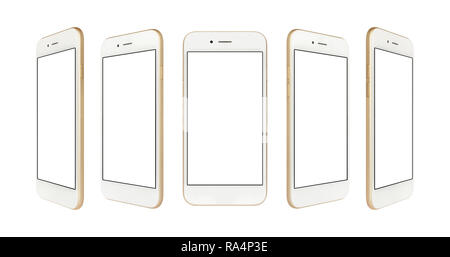 Perspective concept of white and gold empty screen smartphone isolated on white background Stock Photo