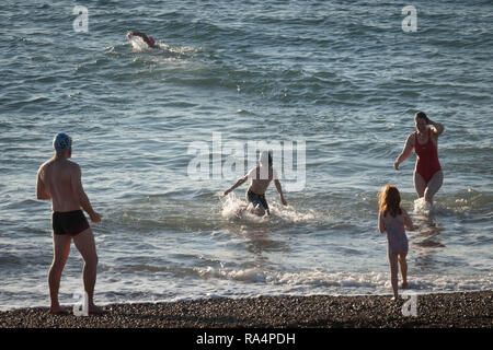 New Year's Day swimmers near Hythe in Kent. Stock Photo