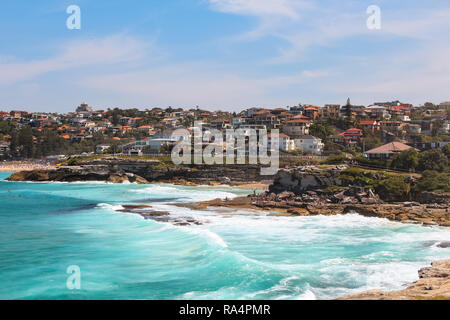 View onto Tamarama and Bronte beach seen from Mackenzies Point in summer on the Bondi to Coogee beach walk (Sydney, New South Wales, Australia) Stock Photo