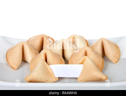 Fortune cookie broken open displaying paper with blank paper for your message. Laying on a porcelain plate with intact cookies in behind, isolated on  Stock Photo
