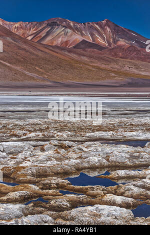 Dried salt deposits at Siloli Bolivia with high mountain backdrop and still water in the wetland scenery Stock Photo