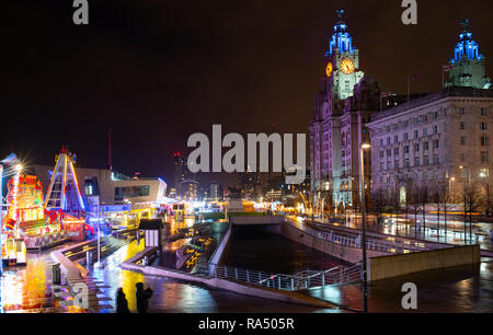 Pier Head, Liver and Cunard Buildings, Mersey Ferries Terminal. Leeds Liverpool Canal extension. Taken in December 2018. Stock Photo