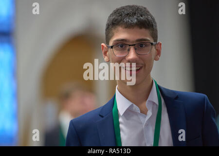 St. Petersburg, Russia - December 30, 2018: Grandmaster Alireza Firouzja, Iran during King Salman World Blitz Chess Championship 2018. Eventually he t Stock Photo