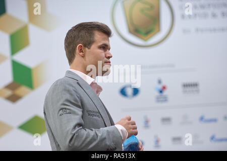 St. Petersburg, Russia - December 30, 2018: World Chess Champion Magnus Carlsen, Norway during King Salman World Blitz Championship. Carlsen won the t Stock Photo