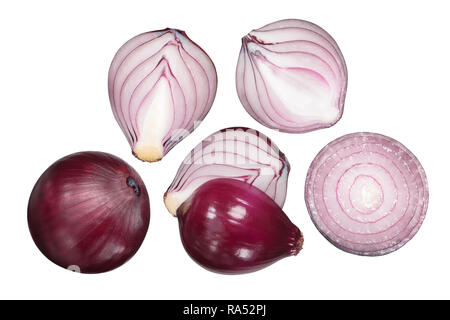 Red onion, whole and halved bulbs, top view Stock Photo
