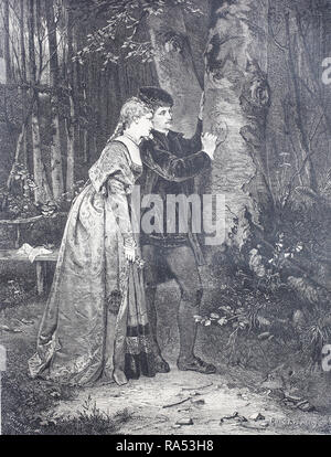 Digital improved reproduction, couple in love in the forest carves a heart in a tree trunk, Verliebtes Paar im Wald ritzt ein Herz in einen Baumstamm, from an original print from the year 1865, 19th century, Stock Photo