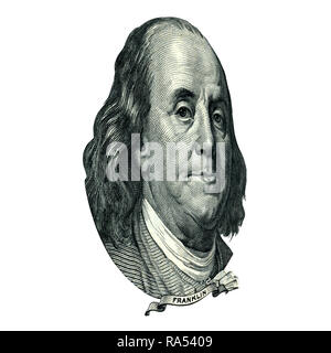 Portrait of U.S. statesman, inventor, and diplomat Benjamin Franklin as he looks on one hundred dollar bill obverse. Photo at an angle of 45 degrees. Stock Photo
