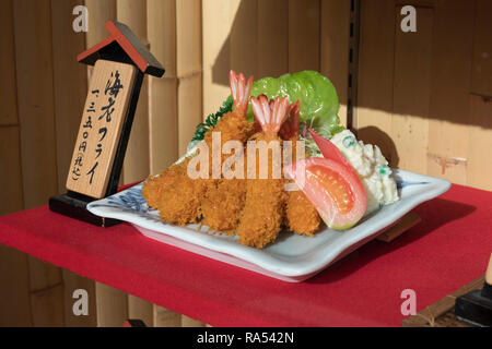 Nagasaki, Japan - October 25, 2018: Display of traditional shrimp tempura in plastic as an example Stock Photo
