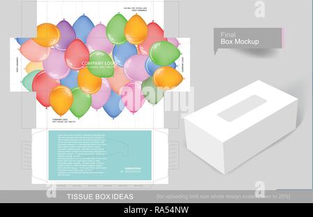 Colorful different size balloons tissue box concept, template for business purpose, place your text and logos and ready to go for print Stock Vector