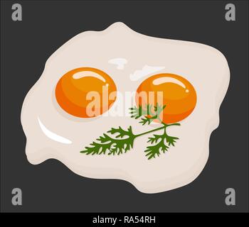 Two fried eggs in a frying pan cooked for breakfast. Delicious international meal. Homemade food, top view. Vector illustration on white background Stock Vector