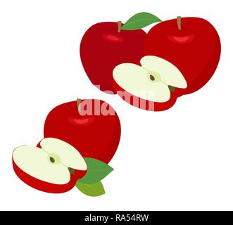 Ripe red apple fruit with apple half and apple leaf isolated on white background. Apples and leaf with vector illustration Stock Vector