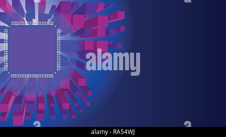 Technology vector background - perspective cubes and processor. Abstract concept in 3d style. Futuristic structure. For banners, covers, posters. Stock Vector